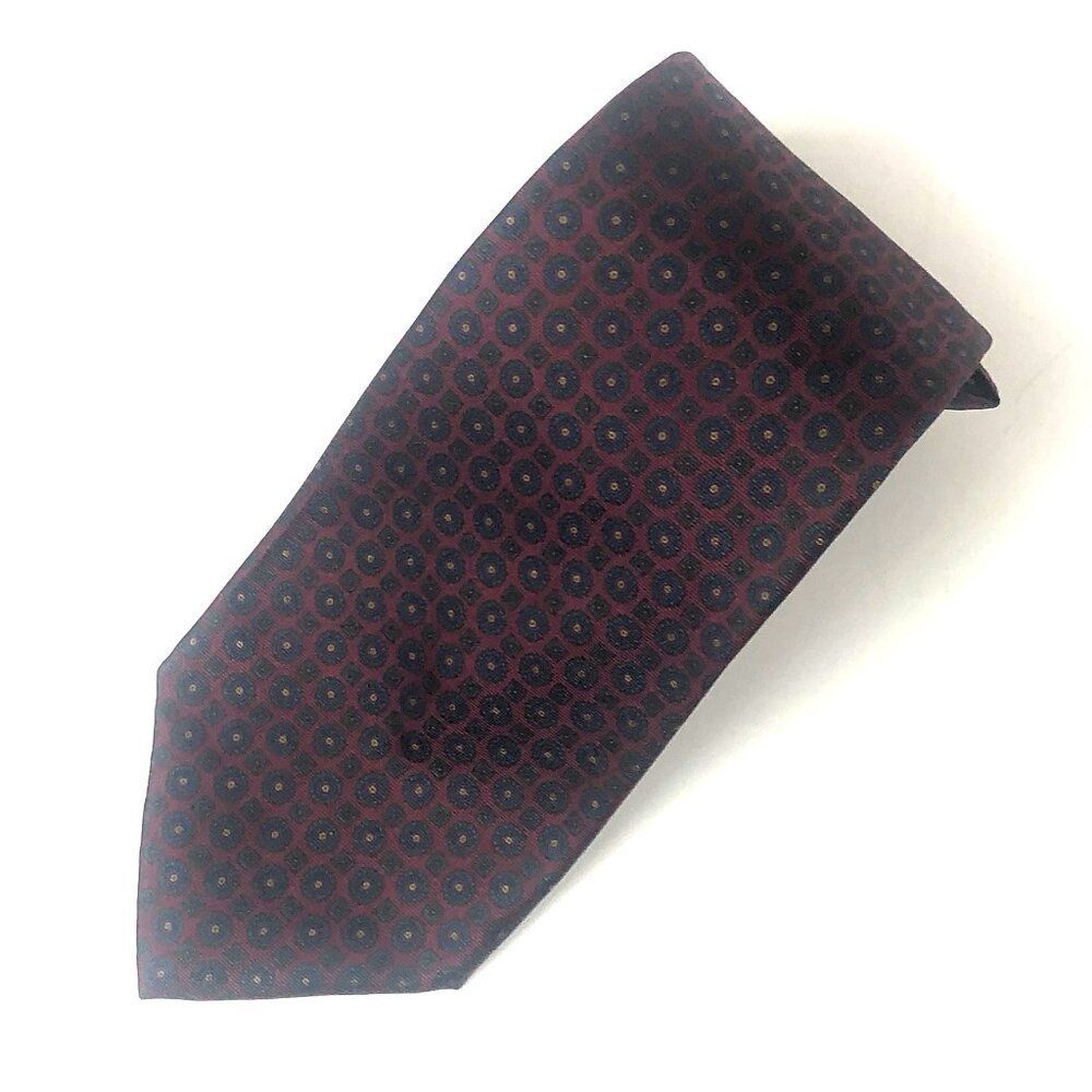 Rooster All Silk Tie Burgundy Geometric Medallion Hand Printed Italy USA Vintage